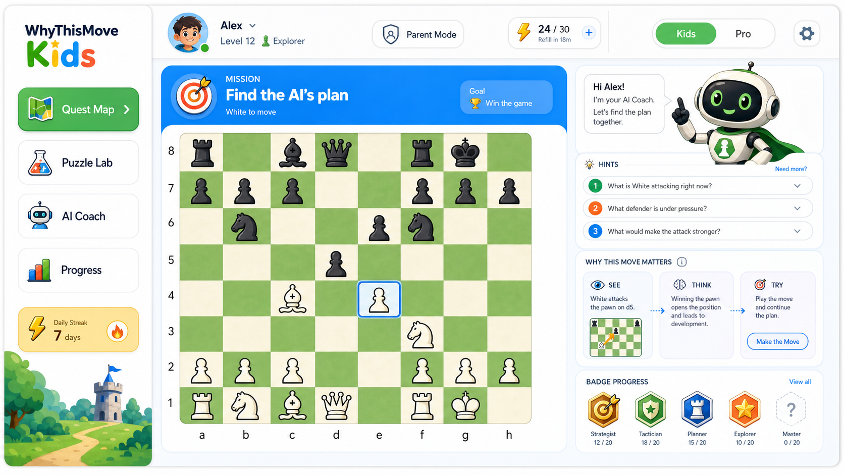 WhyThisMove Kids chess learning app concept